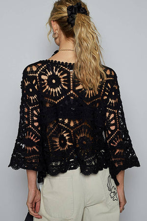 3/4 Sleeve Crochet Cropped Top - Black