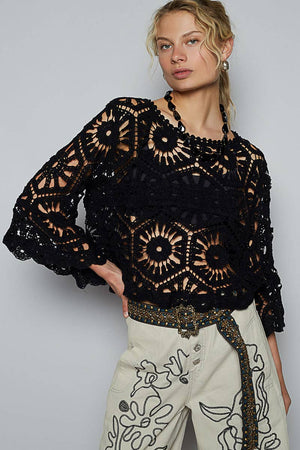 3/4 Sleeve Crochet Cropped Top - Black