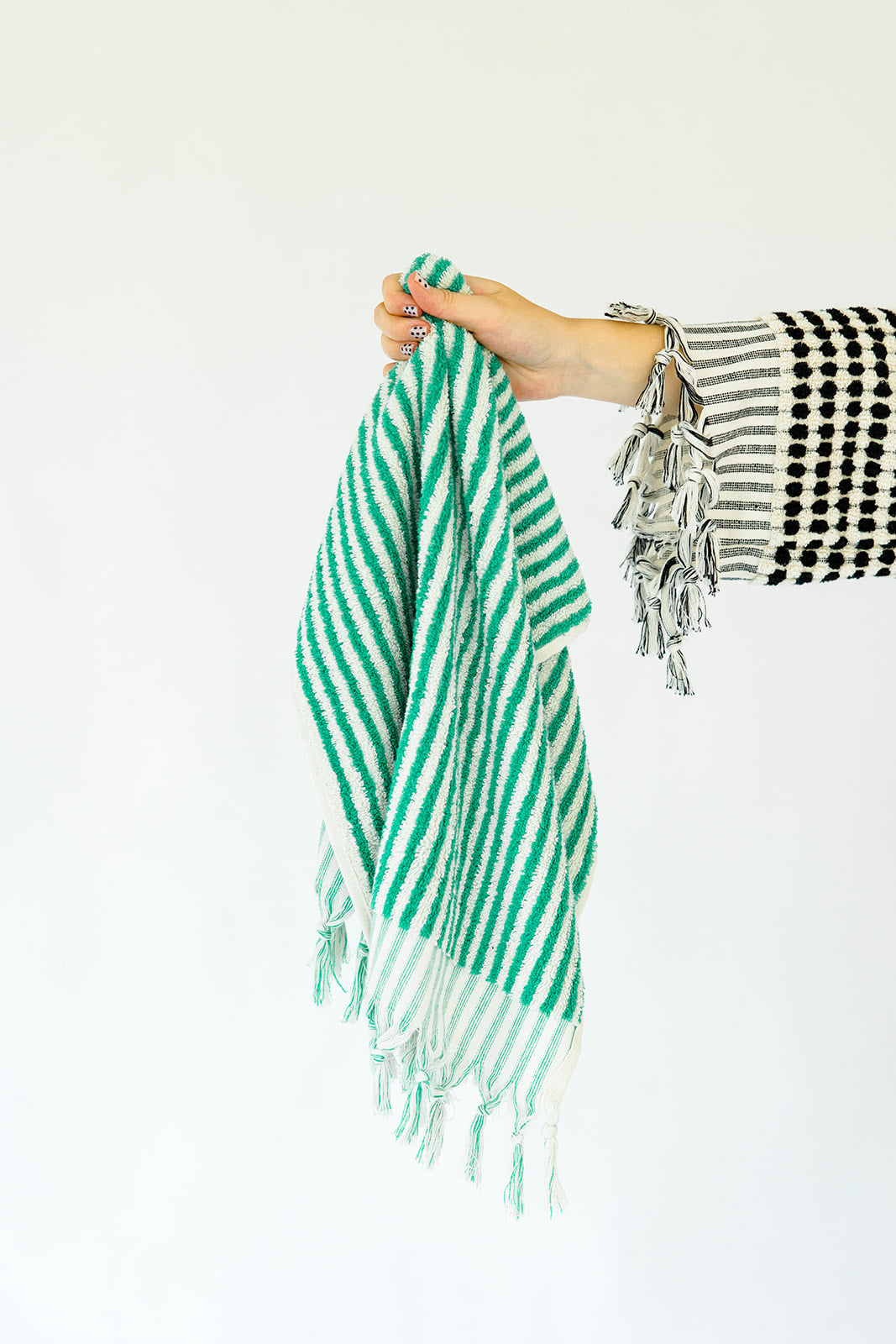 Emerald and White Striped Hand Towel