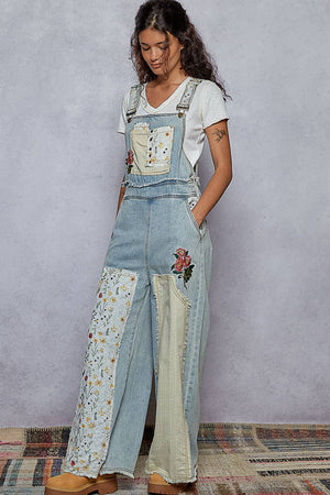 Embroidered Floral Patchwork Overalls - Denim