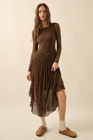 Floral and Lace Long-Sleeve Midi Dress - Cream