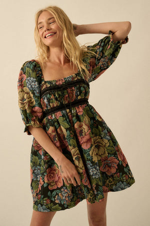 Floral Jacquard Tapestry Puff-Sleeve Mini Dress