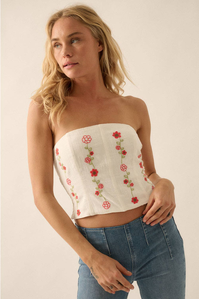 Floral Embroidered Cotton Strapless Corset Top