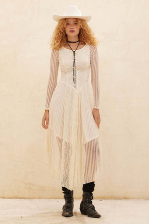Floral and Lace Long-Sleeve Midi Dress - Cream