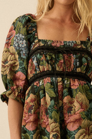 Floral Jacquard Tapestry Puff-Sleeve Mini Dress