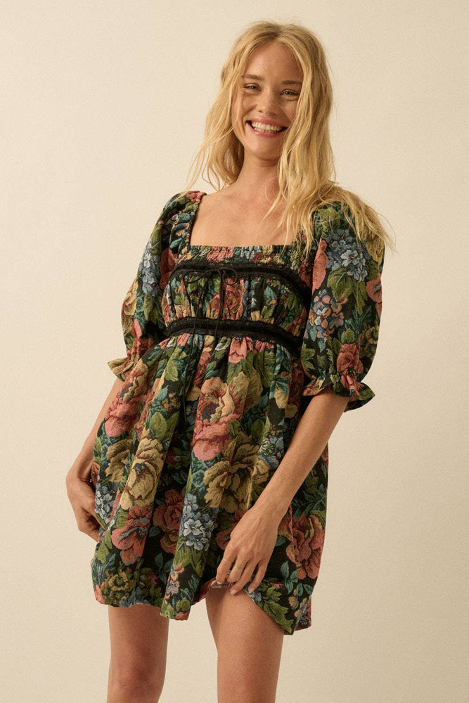 Floral Jacquard Tapestry Puff-Sleeve Mini Dress
