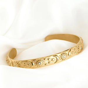 Sun, Moon, Stars Cuff Bracelet - Embossed Celestial Bracelet