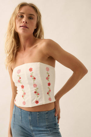 Floral Embroidered Cotton Strapless Corset Top