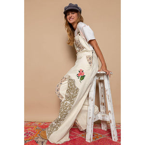 Embroidered Floral Patchwork Overalls - Almond