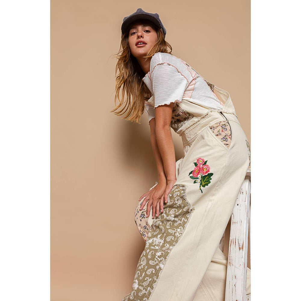 Embroidered Floral Patchwork Overalls - Almond