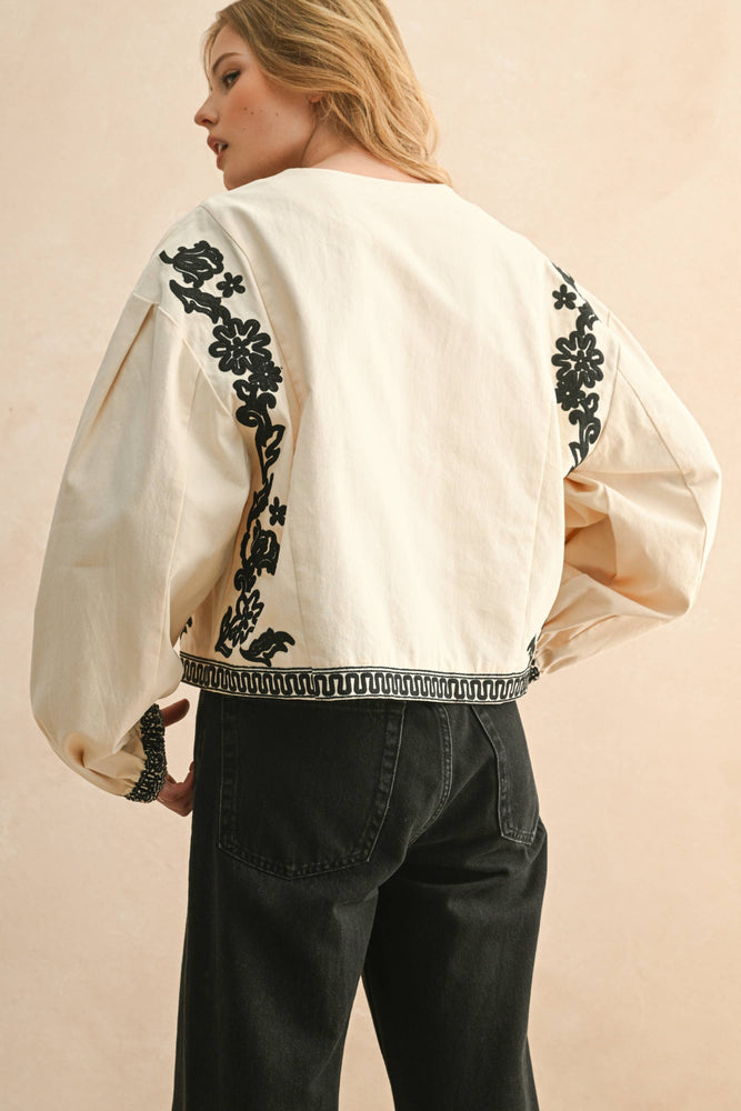 Floral Embroidered Detail Tie Top - Ecru