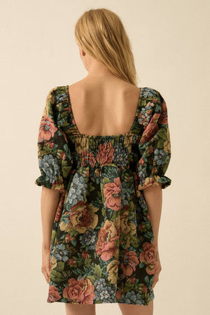 Floral Jacquard Tapestry Puff-Sleeve Mini Dress