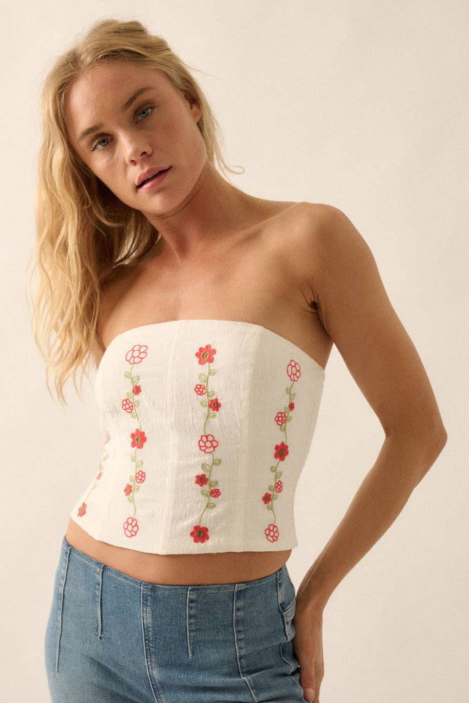 Floral Embroidered Cotton Strapless Corset Top