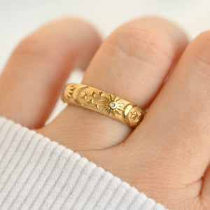 Sun, Moon, Stars Ring - Embossed Celestial Ring