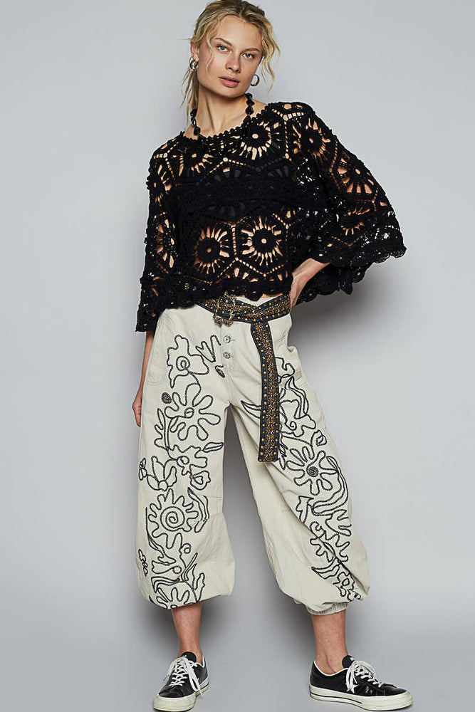 3/4 Sleeve Crochet Cropped Top - Black