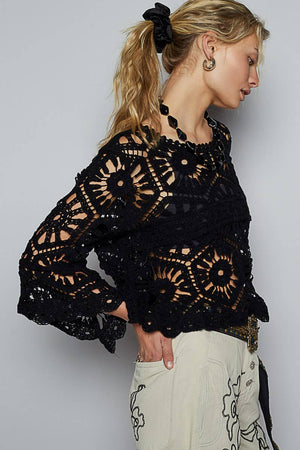 3/4 Sleeve Crochet Cropped Top - Black