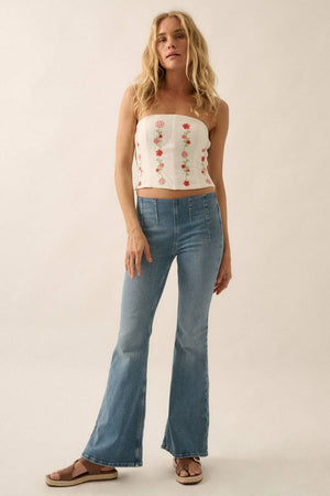 Floral Embroidered Cotton Strapless Corset Top