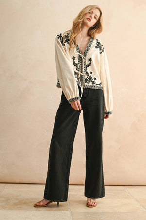Floral Embroidered Detail Tie Top - Ecru