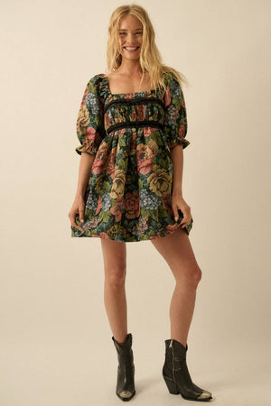 Floral Jacquard Tapestry Puff-Sleeve Mini Dress