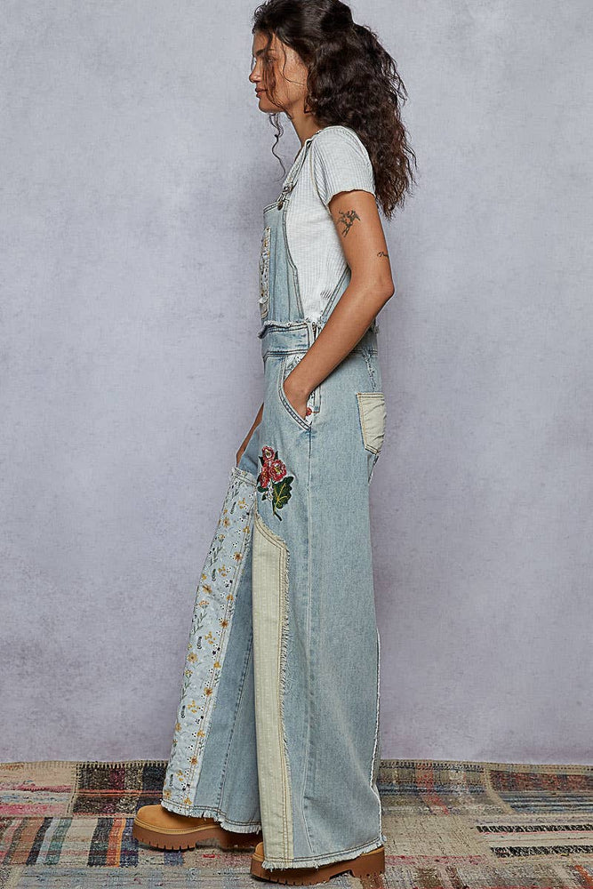 Embroidered Floral Patchwork Overalls - Denim