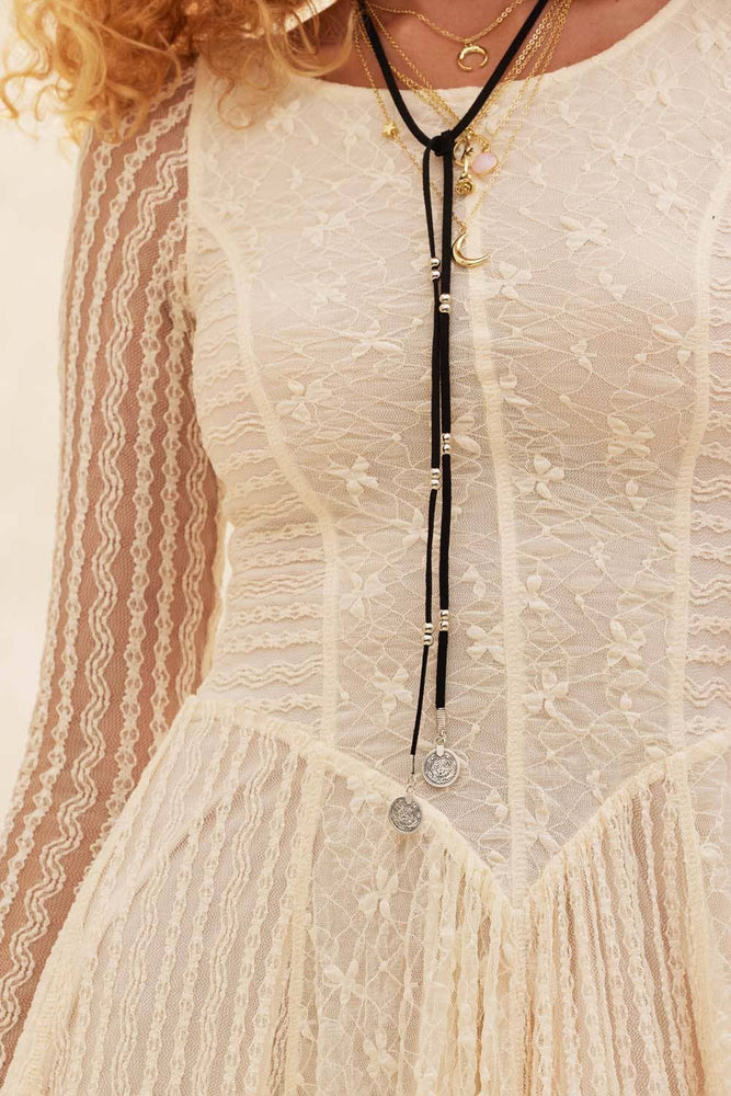 Floral and Lace Long-Sleeve Midi Dress - Cream