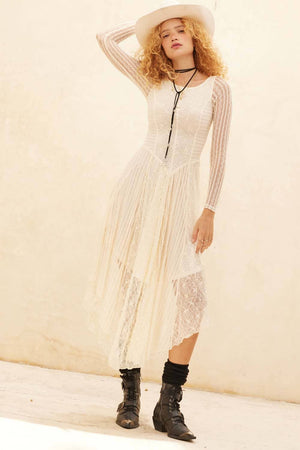 Floral and Lace Long-Sleeve Midi Dress - Cream
