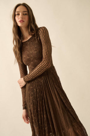 Floral and Lace Long-Sleeve Midi Dress - Cream