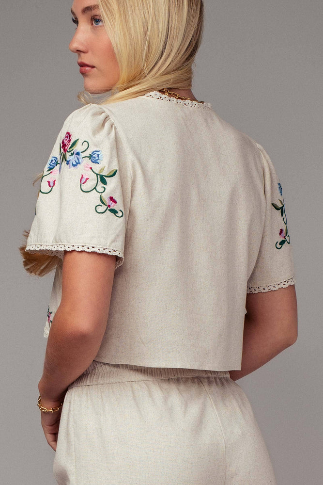 Embroidered Tie-Front Boho Crop Top
