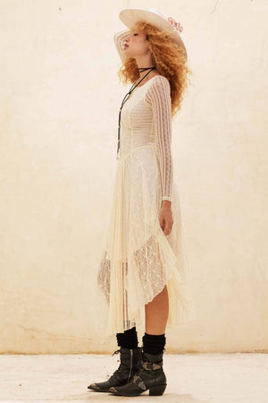 Floral and Lace Long-Sleeve Midi Dress - Cream