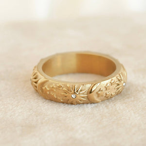 Sun, Moon, Stars Ring - Embossed Celestial Ring