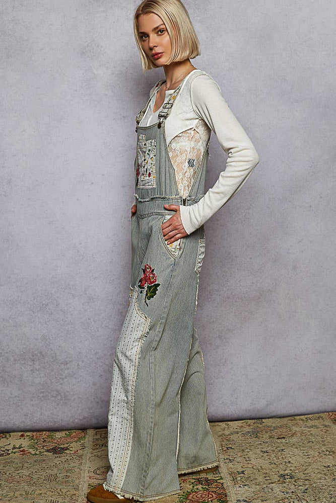 Embroidered Floral Patchwork Overalls - Denim