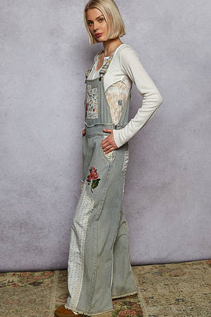 Embroidered Floral Patchwork Overalls - Denim