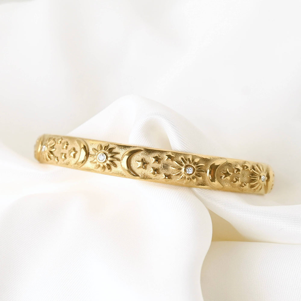 Sun, Moon, Stars Cuff Bracelet - Embossed Celestial Bracelet