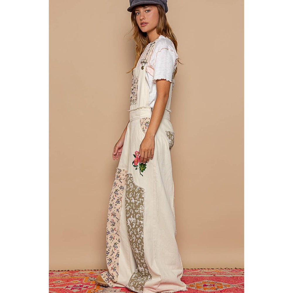 Embroidered Floral Patchwork Overalls - Almond