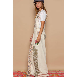 Embroidered Floral Patchwork Overalls - Almond