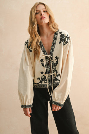 Floral Embroidered Detail Tie Top - Ecru