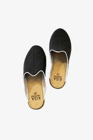 
            
                Load image into Gallery viewer, Black Leather Mules with White Trim
            
        