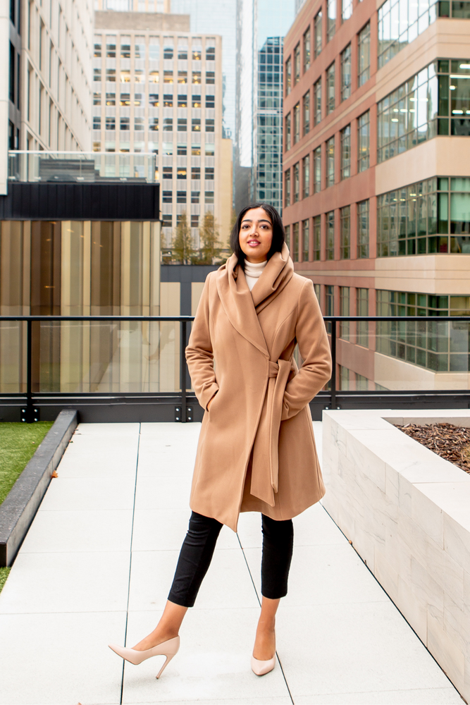 Woman wearing the 3-Way Classic Coat in Camel