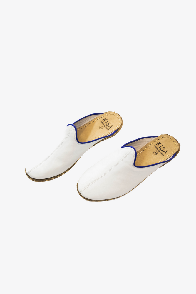 
            
                Load image into Gallery viewer, White Leather Mules with Blue Trim
            
        