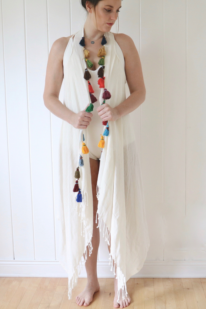 The Lace-back Kimono Wrap in Rainbow Tassels