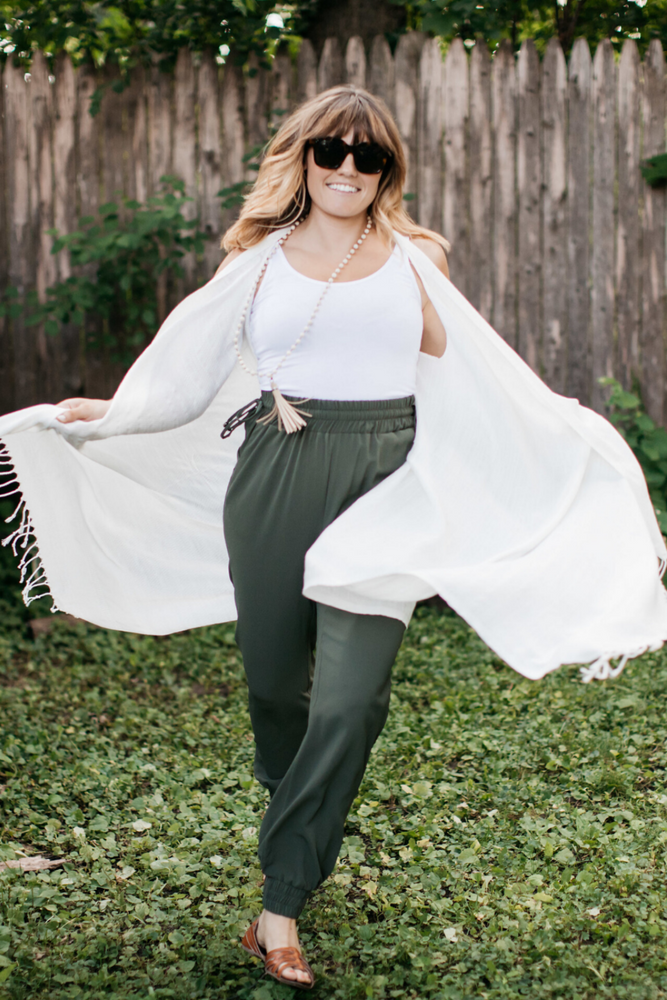 Woman wearing the Lace-back Kimono Wrap in White