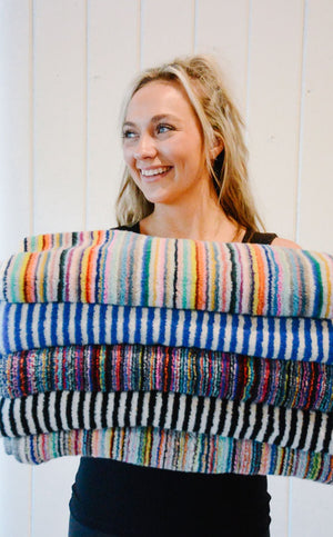 Striped Blue & White Towel-Blanket with Tassels