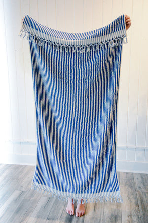 Striped Blue & White Towel-Blanket with Tassels