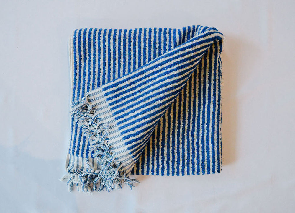 Striped Blue & White Towel-Blanket with Tassels