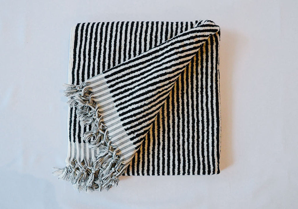
            
                Load image into Gallery viewer, Striped Black &amp;amp; White Towel-Blanket with Tassels
            
        