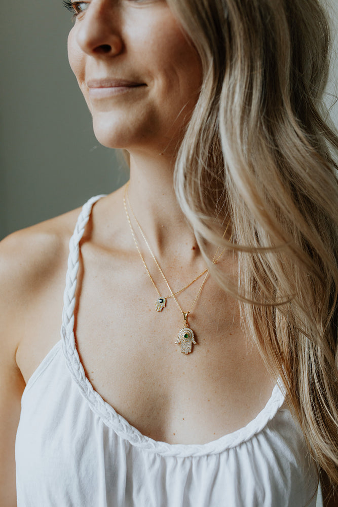Hamsa + Evil Eye Necklace paired with the Hamsa Gem Pendant Necklace