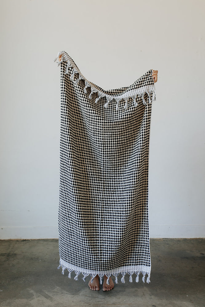 
            
                Load image into Gallery viewer, Black &amp;amp; White Pom Pom Turkish Towel-Blanket 
            
        