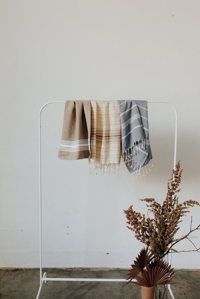 
            
                Load image into Gallery viewer, 3 KISA Hand Towels in neutral colors: White Stripe, Ribbon, and Multi Stripe
            
        