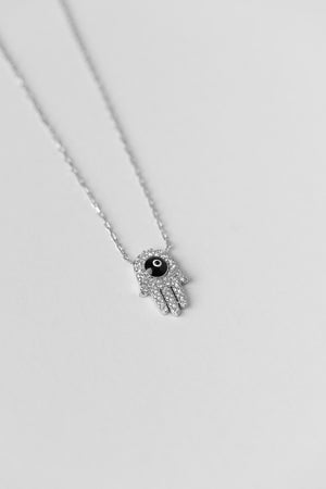 
            
                Load image into Gallery viewer, Hamsa + Evil Eye Silver Necklace
            
        