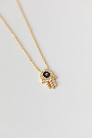 
            
                Load image into Gallery viewer, Hamsa + Evil Eye Gold Necklace
            
        
